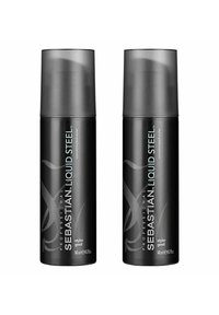 Two black spray bottles of Sebastian Professional Liquid Steel, each 140 ml, with glossy gray lids and embossed silver accents.