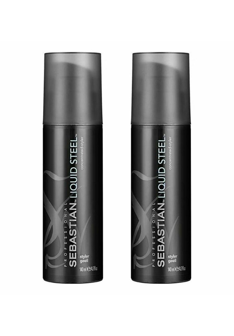 Two black spray bottles of Sebastian Professional Liquid Steel, each 140 ml, with glossy gray lids and embossed silver accents.