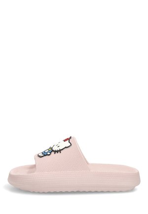 Sandalia tipo slide rosa claro con puntera abierta, suela texturizada y personaje de Hello Kitty en la tira, mostrada sobre un fondo blanco.