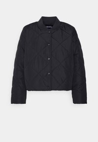 Black quilted bomber jacket with a round neckline, featuring snap buttons and a cropped fit. Made from lightweight, smooth material.