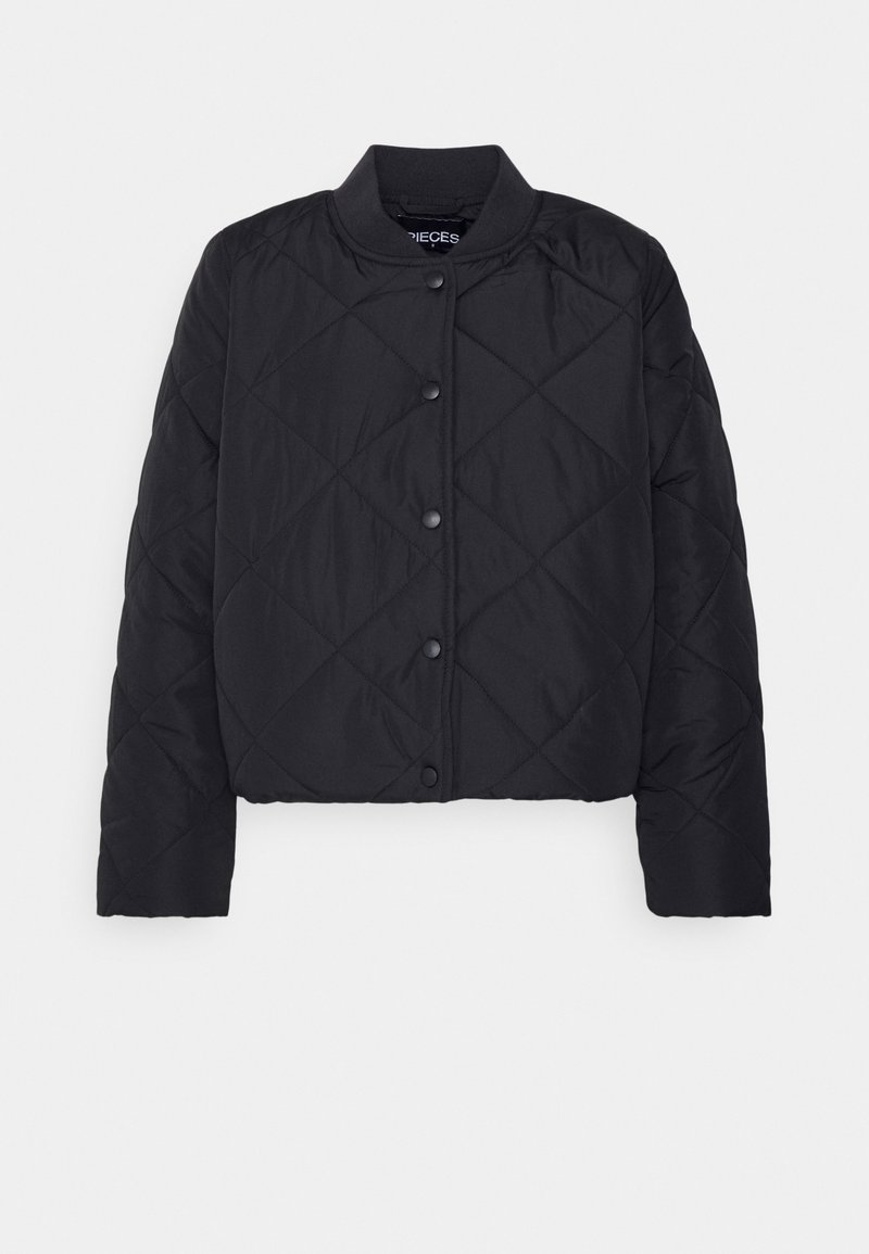 Black quilted bomber jacket with a round neckline, featuring snap buttons and a cropped fit. Made from lightweight, smooth material.