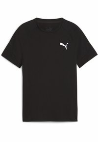 Čierne tričko s krátkym rukávom vyrobené z mäkkej tkaniny; na ľavej hrudi sa nachádza biele logo Puma. Klasický okrúhly výstrih, voľný strih.