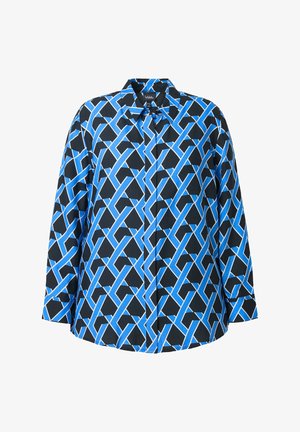 Langarmshirt van zwart stof met blauwe geometrische patronen. Voorzien van een kraag en knoopsluiting; ontspannen pasvorm met een gebogen zoom.