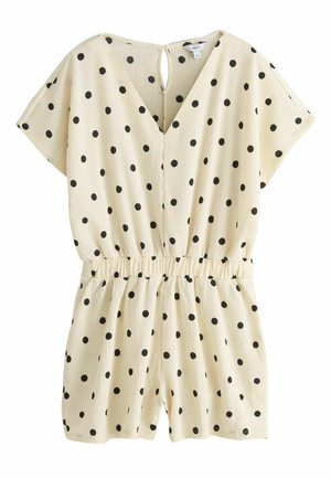 Tutina corta color crema con maniche corte, pois neri, scollo a V, vita elasticizzata e chiusura sul retro con bottone e occhiello.