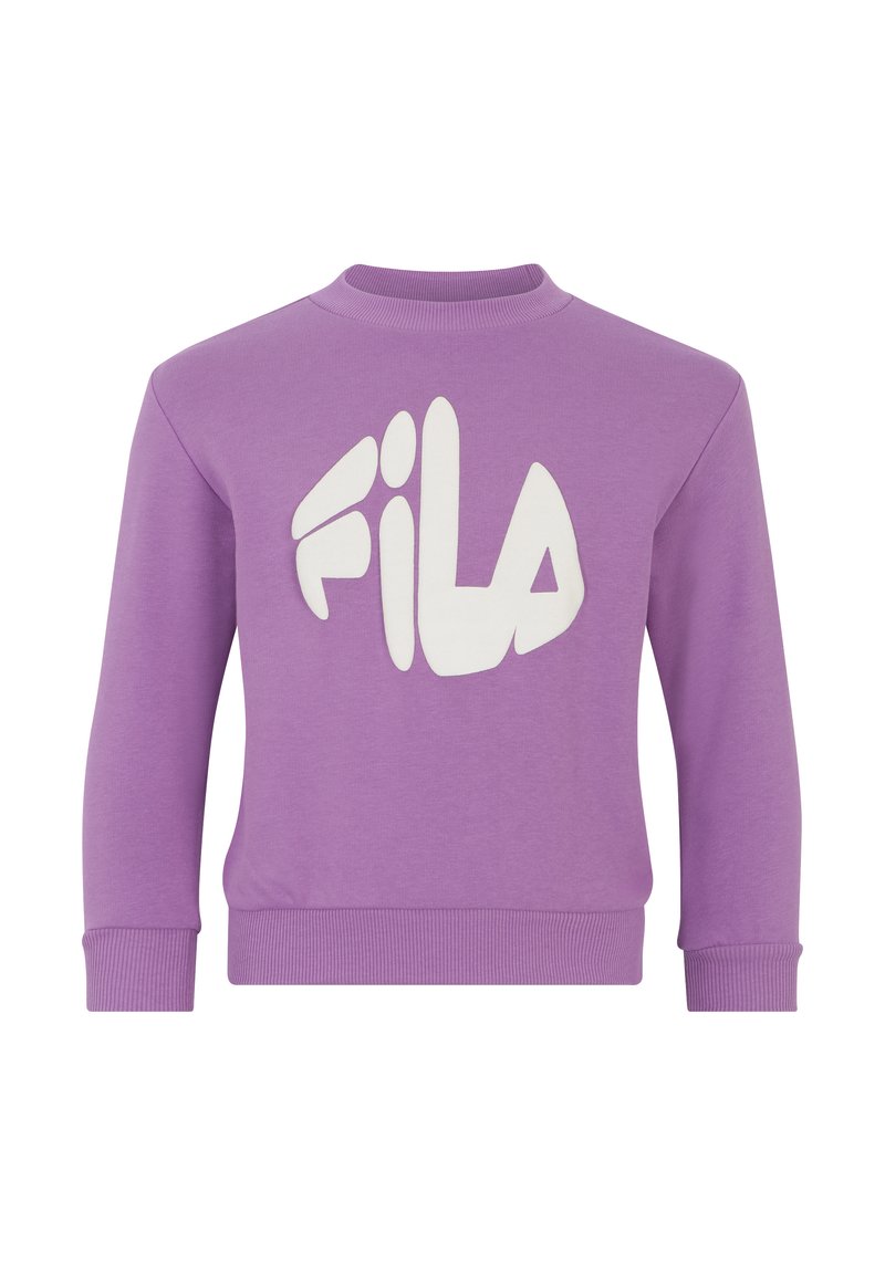 Sweatshirt violet à manches longues, avec des poignets et un ourlet côtelés. Présente un logo "FILA" blanc bien visible sur le devant. Matière en mélange de coton.
