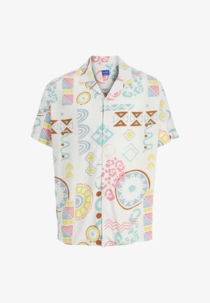 Īsām piedurkņu pogu krekls no viegla auduma ar pasteļtoņu ģeometrisku un abstraktu rakstu, kurā iekļautas formas rozā, zili, dzeltenā un brūnā krāsā.