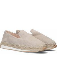 Beige suède instapschoenen met een geweven jute-achtige afwerking en een witte rubberen zool. Ronde neus en minimalistisch ontwerp.