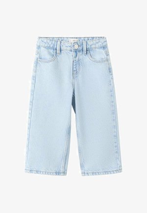 Light blue denim cropped pants with front button, belt loops, and two front pockets, displayed on a white background.