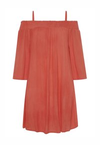 Abito corallo off-the-shoulder con maniche corte, vestibilità ampia, texture arricciata e top elastico per il comfort. Tessuto leggero con caduta morbida.