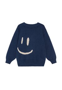 Mörkblå tröja med ribbad krage och ärmslut. Har ett stort, krämfärgat smiley-ansikte mönster på framsidan. Mjuk textur.