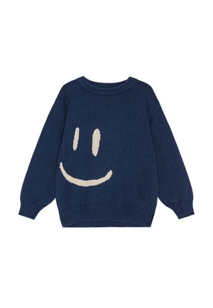 Marineblauwe trui met een geribbelde halslijn en manchetten. Heeft een groot, crèmekleurig smiley-gezichts patroon aan de voorkant. Zachte textuur.