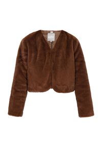 Bruine faux fur cropped jack met lange mouwen, V-hals en een zachte textuur. Beschikt over een effen interieur en een minimalistisch ontwerp.