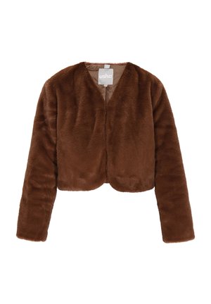 Jachetă scurtă din blană sintetică marron, cu mâneci lungi, decolteu în V și textură moale. Dispone de un interior simplu și un design minimalist.