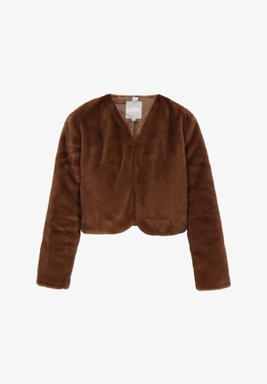 Jachetă scurtă din blană sintetică marron, cu mâneci lungi, decolteu în V și textură moale. Dispone de un interior simplu și un design minimalist.