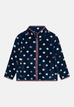 Marineblaue Fleecejacke mit mehrfarbigen Punkten, Frontreißverschluss und kontrastierendem Besatz an Kanten und Kragen.