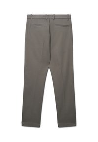 Pantaloni grigi con una texture liscia, design a gamba dritta, due tasche posteriori e passanti per la cintura. Adatti per un abbigliamento casual o formale.