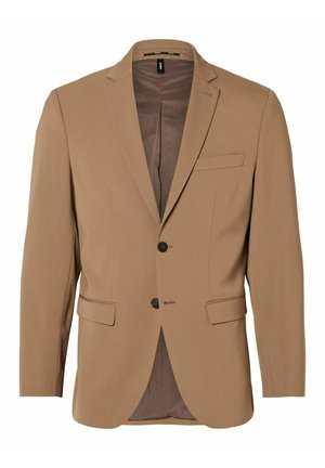 Blazer sinistrato da uomo color beige, con due bottoni neri, rever a punta, tasche a pattina e taschino sul petto, foderato all'interno.