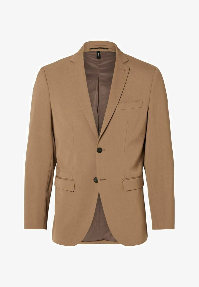 Blazer pour homme beige à simple boutonnage avec deux boutons noirs, revers crantés, poches à rabat et une poche poitrine passepoilée, doublé à l'intérieur.