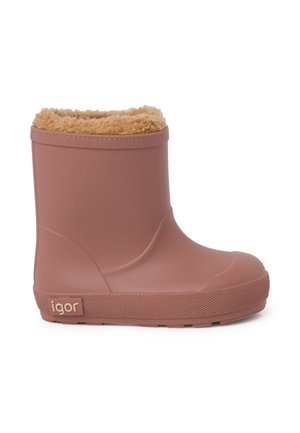 Stivaletto di gomma marrone a media altezza per bambini con suola strutturata e morbida fodera in pile beige intorno al bordo superiore.