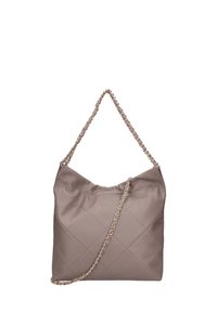 Borsa a spalla beije trapuntata realizzata in morbida pelle, con una tracolla in catena dorata e una forma rilassata e morbida, caratterizzata da una parte superiore arricciata.