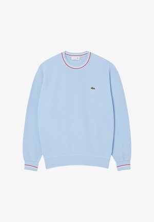 Felpa azzurra con collo rotondo, polsini a costine e colletto a righe multicolori. Presenta un piccolo logo verde sul petto.