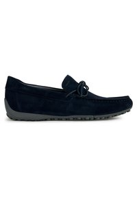 Marineblaue Wildleder-Loafer mit einer runden Spitze, Schnürdetail an der Vorderseite und einer grauen Gummisohle mit kleinen Traktionsnoppen.