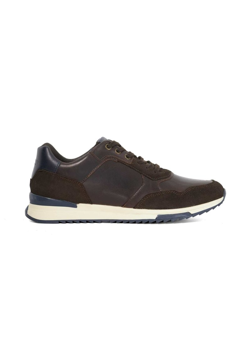 Dark brown sneakers made of leather and suede, featuring a rounded toe, contrasting sole, and lace-up design with eyelets.