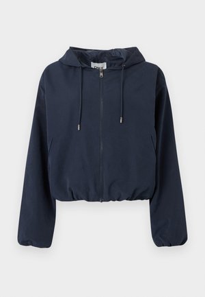 Veste courte à capuche bleu marine avec fermeture éclair frontale, capuche à cordon de serrage, poignets élastiques et poches latérales.