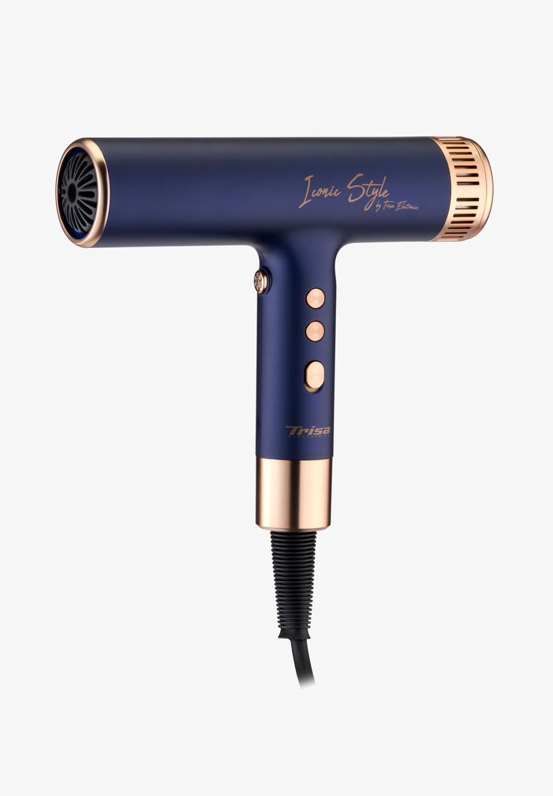 Sèche-cheveux au design en T de couleur bleu marine, avec des accents en rosé doré, trois boutons de contrôle et une prise en main texturée. Cordon d'alimentation noir attaché.