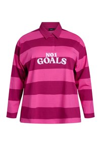 Dlhý rukáv polo tričko v ružovom a burgundy pruhovanom dizajne, s golierom a textom "NO1 GOALS" v bielej farbe na prednej strane.