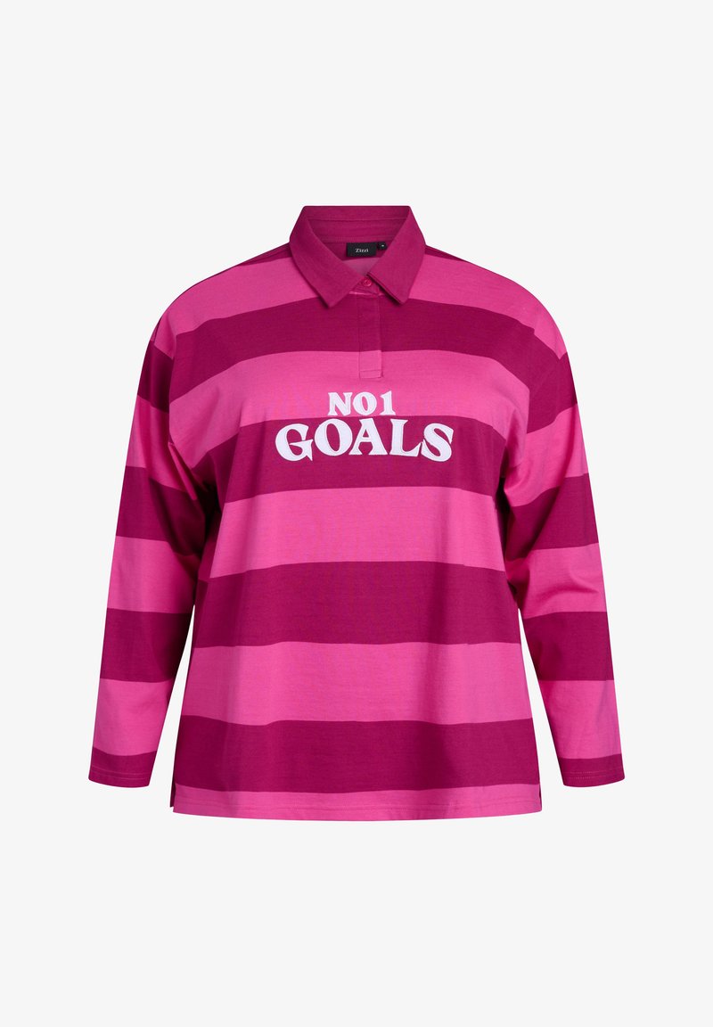 Dlhý rukáv polo tričko v ružovom a burgundy pruhovanom dizajne, s golierom a textom "NO1 GOALS" v bielej farbe na prednej strane.