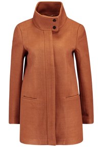 Bruine wollen trenchcoat met een hoge kraag, voorzien van twee knopen, zijzakken en een rechte snit. Soepele textuur en minimalistisch ontwerp.