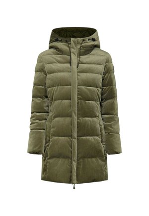 Giacca imbottita lunga verde oliva in velluto a coste con cappuccio, cerniera frontale e due tasche laterali.