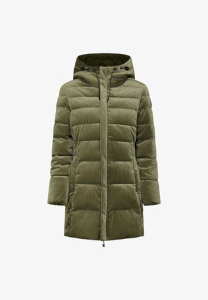 Giacca imbottita lunga verde oliva in velluto a coste con cappuccio, cerniera frontale e due tasche laterali.