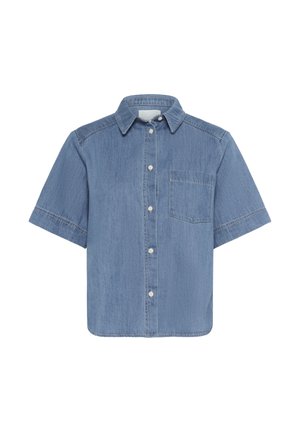 Lühikeste varrukatega denimsärk helesinises toonis, millel on nööbiga esitasku, krae ja üks rinna tasku. Pehme tekstuur koos peente õmbluse detailidega.
