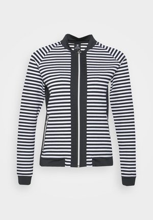 Giacca bomber a righe in bianco e nero, con zip frontale, colletto a costine e polsini aderenti. Tessuto testurizzato con righe orizzontali.