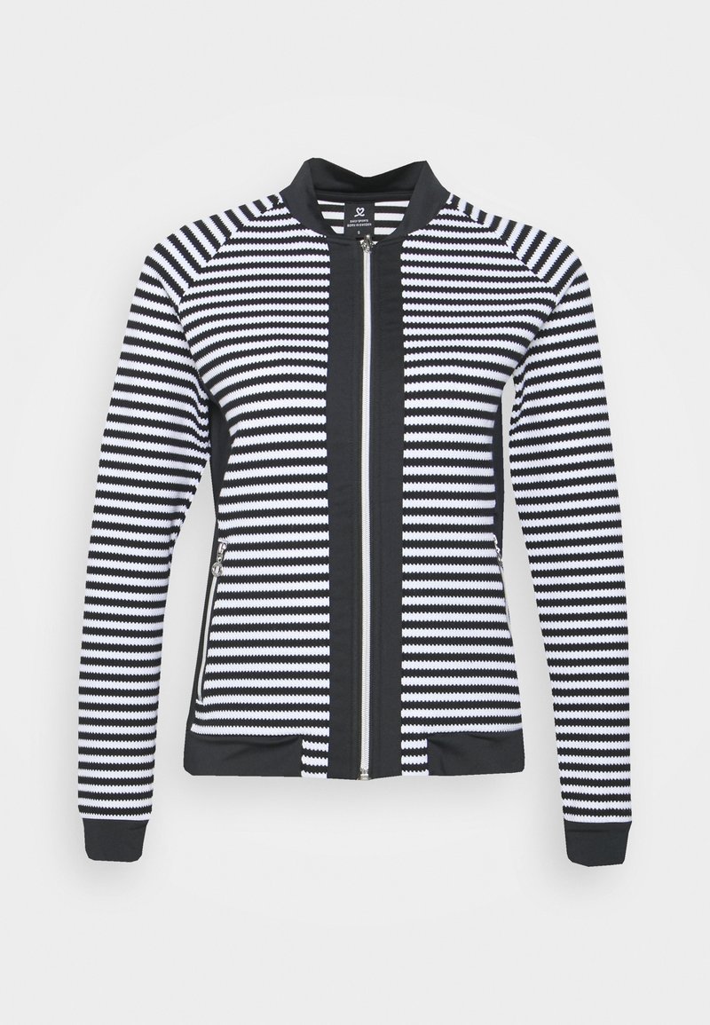 Stribet bomberjakke i sort og hvid, med en frontlynt, ribbet krave og tætsiddende manchetter. Tekstureret stof med vandrette linjer.