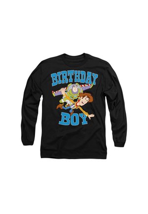 Black long-sleeve shirt featuring "BIRTHDAY BOY" in blue text, with cartoon characters Buzz Lightyear and Woody in colorful detail.