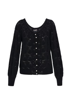 Czarny dzianinowy kardigan z dekoltem w serek, ozdobiony koronkowym wzorem, ściągaczami na rękawach i perłowymi guzikami z przodu. Miękka tekstura i lekka tkanina.