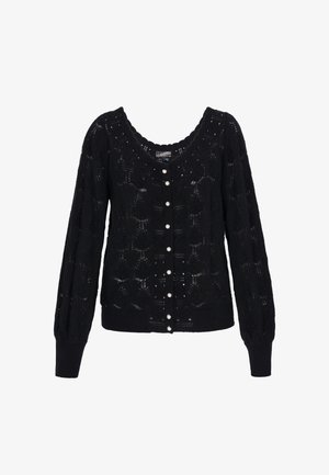 Schwarzer, gestrickter Cardigan mit V-Ausschnitt, verziert mit einem Spitzenmuster, gerippten Bündchen und Perlenknöpfen an der Vorderseite. Weiche Textur und leicht.