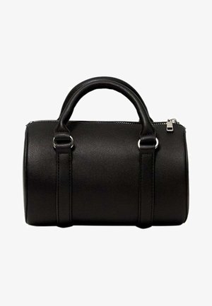 Petit sac à main cylindrique en cuir noir avec deux petites poignées et une fermeture éclair sur le dessus.