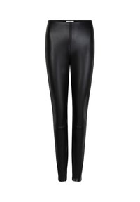 Zwarte faux leren legging met een strakke pasvorm, een gladde textuur en een naadloze voorkant. Enkelhoogte zonder zichtbare hardware of accenten.