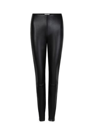 Zwarte faux leren legging met een strakke pasvorm, een gladde textuur en een naadloze voorkant. Enkelhoogte zonder zichtbare hardware of accenten.