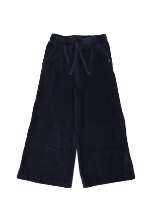 Marineblaue Cord-Hosen mit weitem Bein, elastischem Bund, Kordelzug und zwei seitlichen Taschen. Texturiertes Material mit vertikalen Rippen.