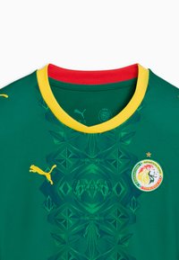 Maillot de football vert avec bordure de col jaune, arborant le blason de l'équipe du Sénégal, une étoile au-dessus, le logo Puma, et des motifs géométriques sombres à l'avant.