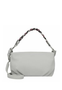 Sac à main en simili cuir gris avec une sangle tressée en noir, blanc et bordeaux. Équipé d'une bandoulière détachable et de finitions en métal argenté.