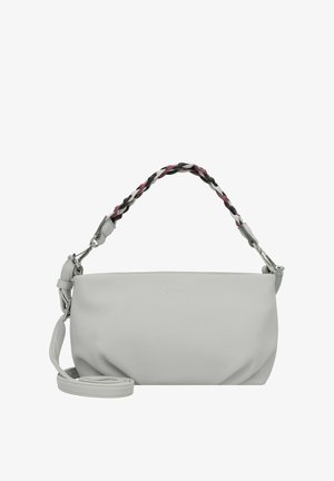 Grijze neplederen handtas met een gevlochten strap in zwart, wit en bordeauxrood. Bevat een afneembare schouderriem en zilveren hardware.