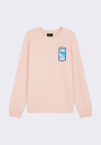 Sudadera de color rosa claro con mangas largas, cuello redondo y un gráfico azul impreso en el lado izquierdo del pecho con un diseño arquitectónico.