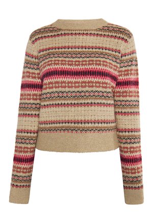 Beige kötött pulóver, vízszintes piros, fekete és bézs csíkokkal. Lekerekített nyakkal, hosszú ujjakra és texturált mintákkal.