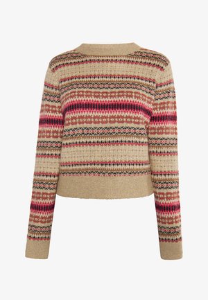 Beige kötött pulóver, vízszintes piros, fekete és bézs csíkokkal. Lekerekített nyakkal, hosszú ujjakra és texturált mintákkal.